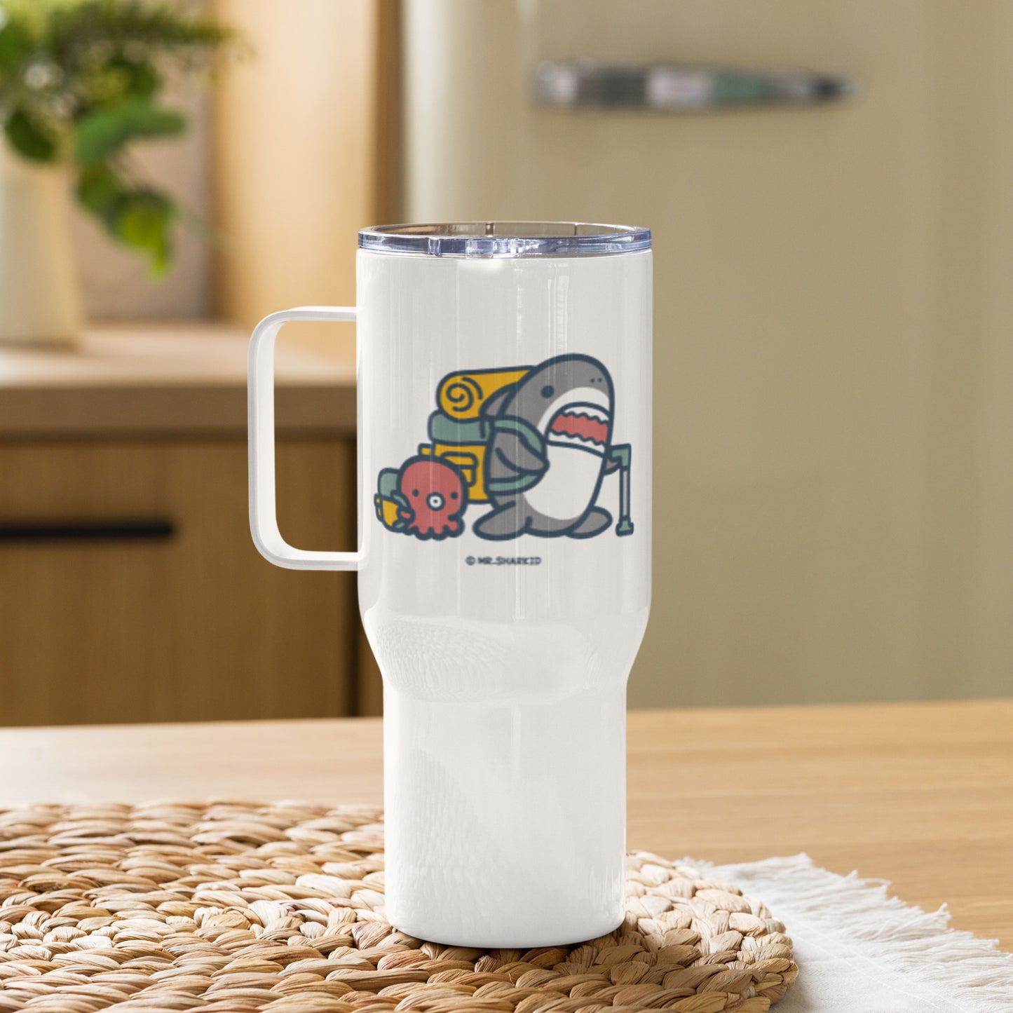 Hiking - Travel Mug with a Handle, Mr.Shark (Printful)